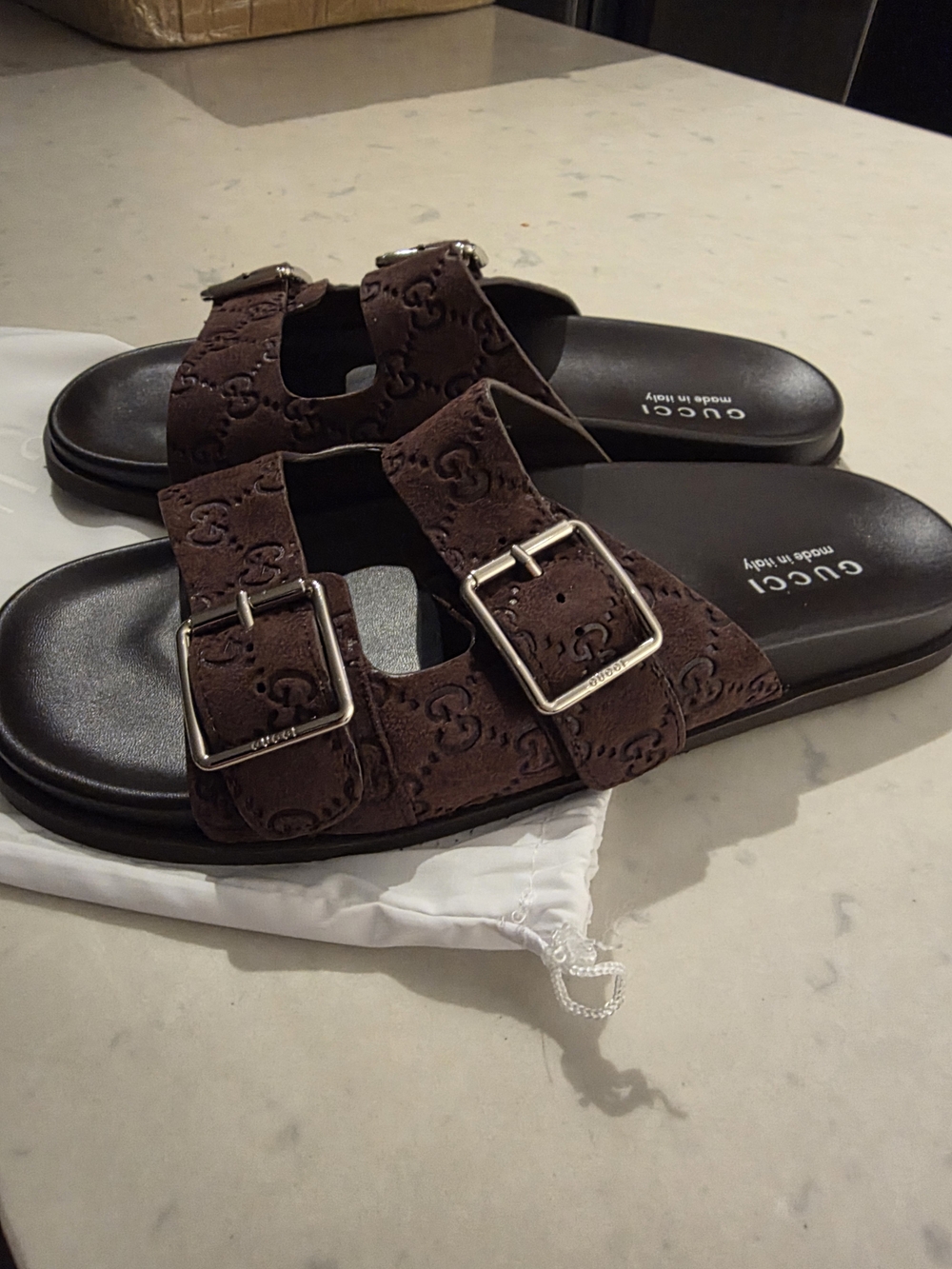 Gucci Men’s  Brown Suede Double-Buckle Slides